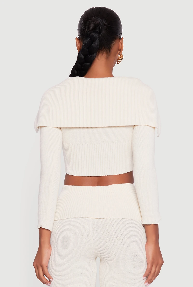 Womens Fold Over Collar Ribbed Knit Button Front Sweater, Beige,