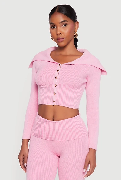 Womens Fold Over Collar Ribbed Knit Button Front Sweater, Pink, Size L