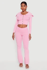 Womens Fold Over Collar Ribbed Knit Button Front Sweater, Pink, Size L