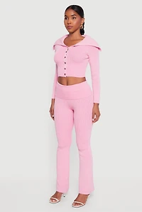 Womens Fold Over Collar Ribbed Knit Button Front Sweater, Pink,