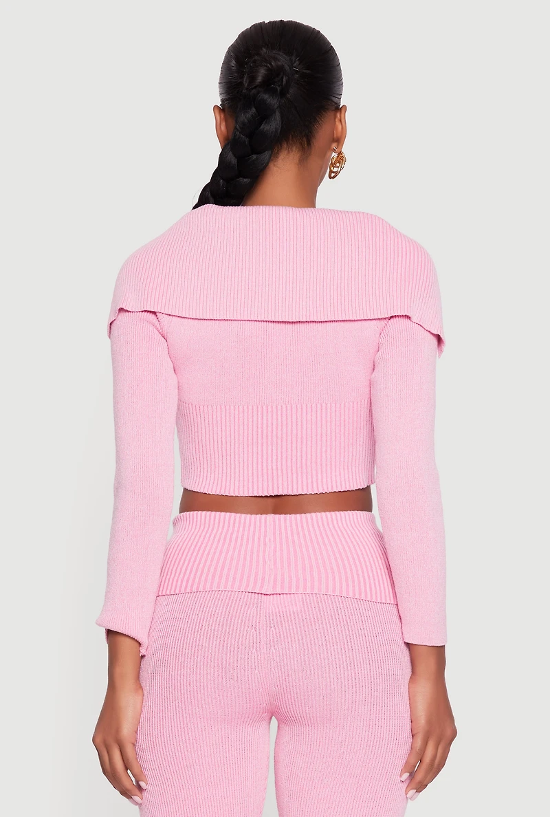 Womens Fold Over Collar Ribbed Knit Button Front Sweater, Pink,