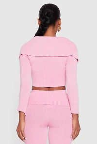 Womens Fold Over Collar Ribbed Knit Button Front Sweater, Pink,