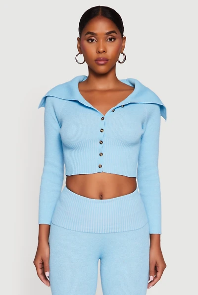 Womens Fold Over Collar Ribbed Knit Button Front Sweater,