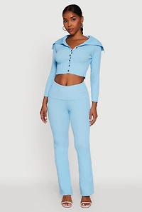 Womens Fold Over Collar Ribbed Knit Button Front Sweater, Blue, Size M