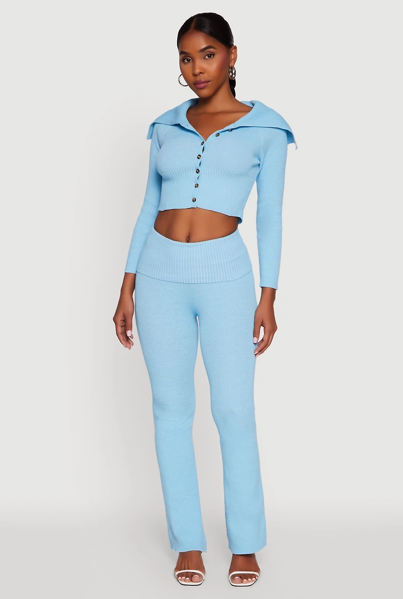 Womens Fold Over Collar Ribbed Knit Button Front Sweater,