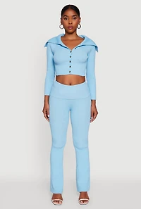 Womens Fold Over Collar Ribbed Knit Button Front Sweater, Blue, Size M