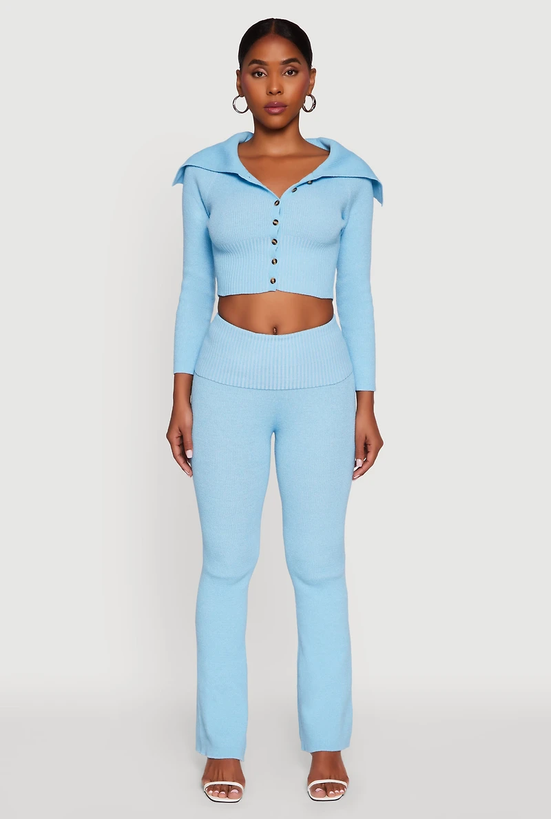 Womens Fold Over Collar Ribbed Knit Button Front Sweater,