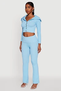 Womens Fold Over Collar Ribbed Knit Button Front Sweater, Blue, Size M