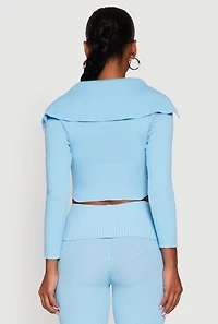 Womens Fold Over Collar Ribbed Knit Button Front Sweater, Blue, Size M