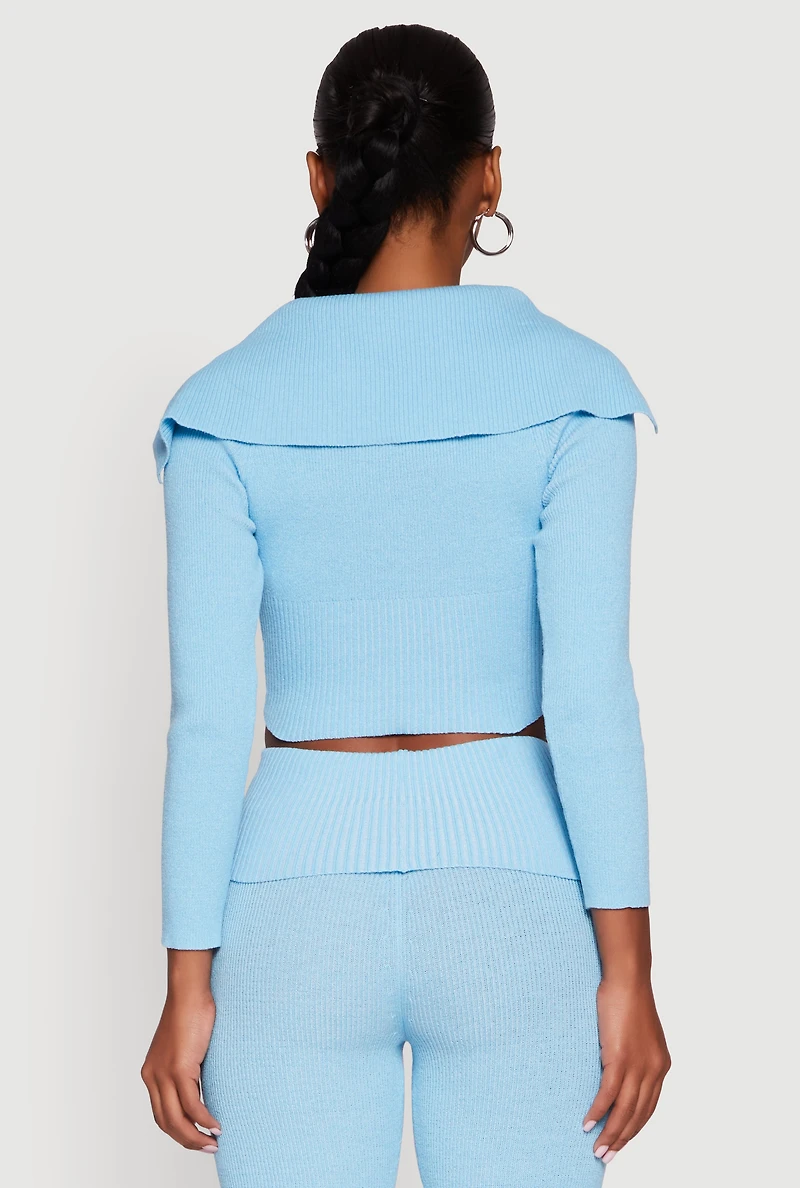 Fold Over Collar Ribbed Knit Button Front Sweater