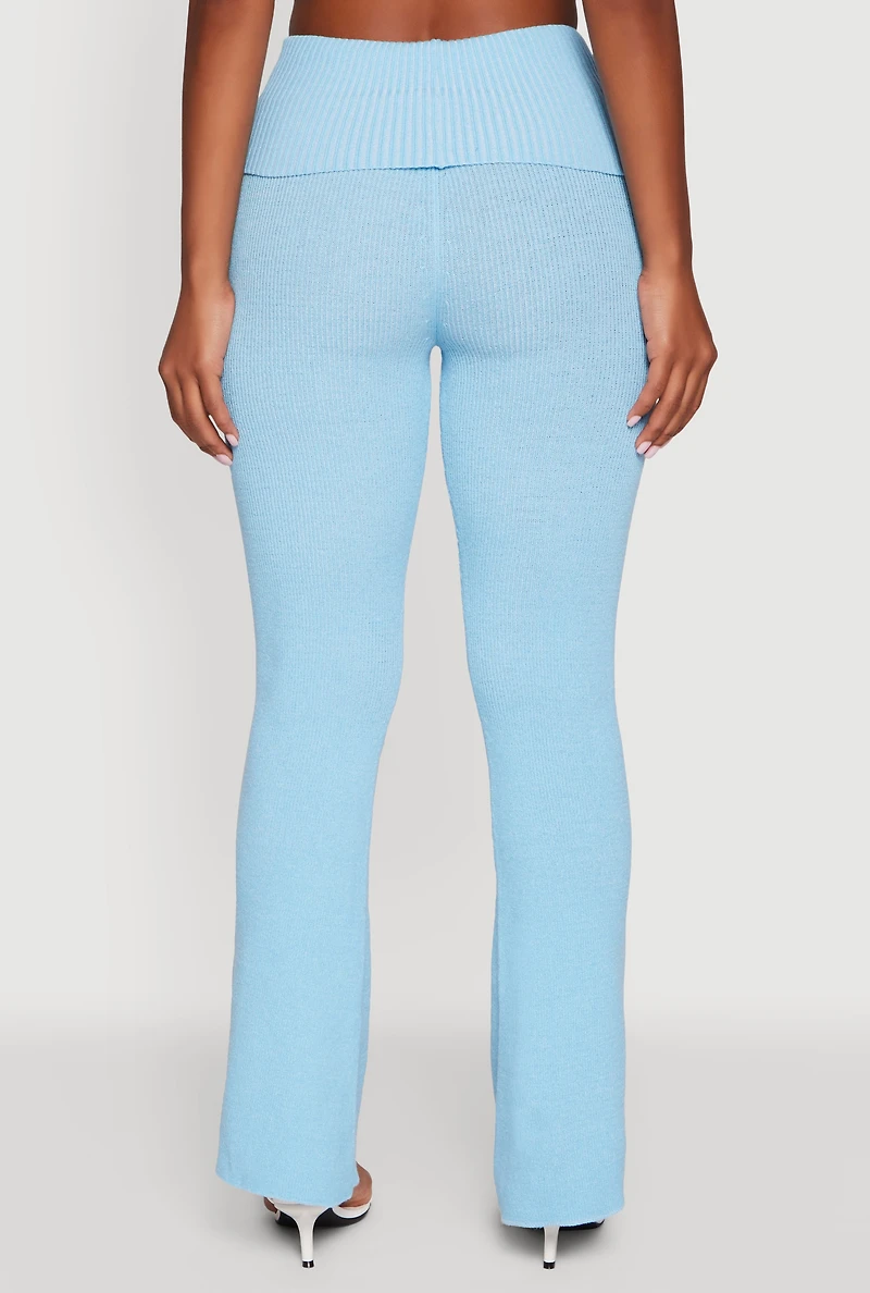 Womens Fold Over High Waist Boot Cut Pants, Blue, Size S