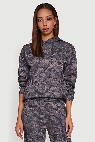 Womens Hunter Camo Fleece Pullover Hoodie, Grey, Size XL