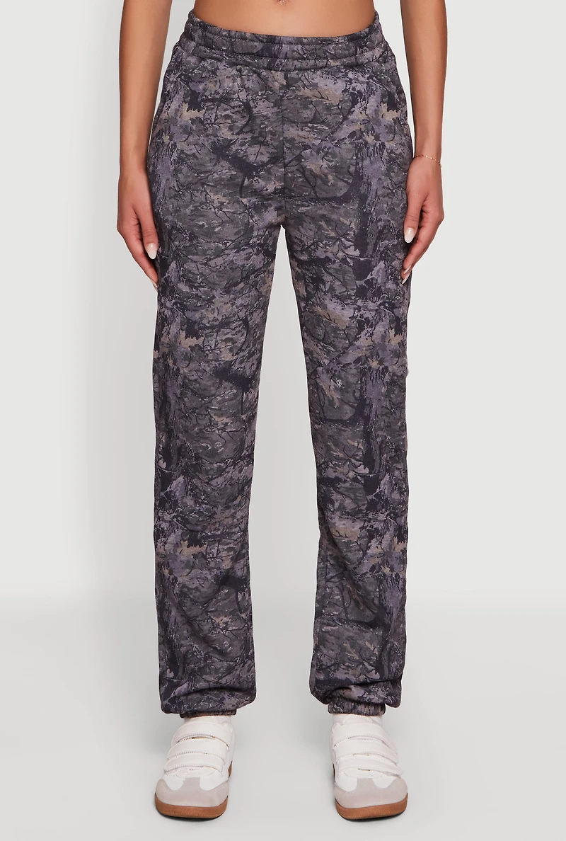 Womens High Waisted Hunter Camo Fleece Sweatpants, Grey, Size M