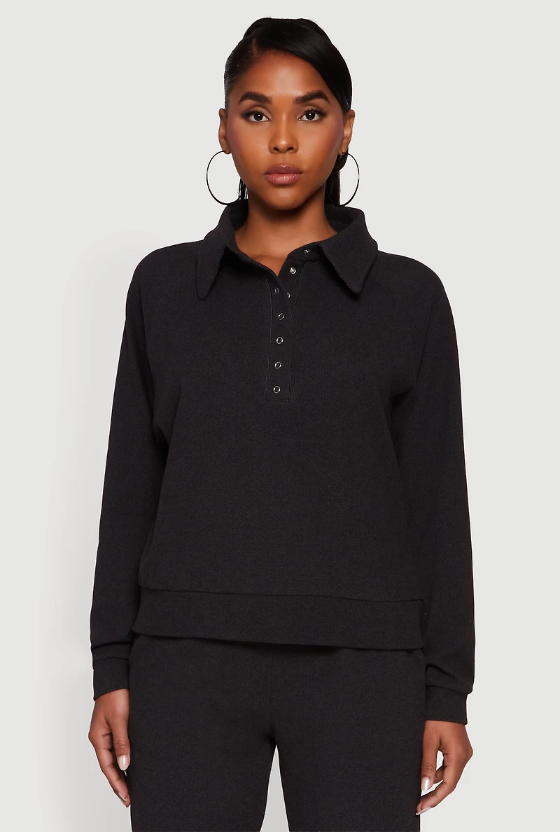 Womens Brushed Rib Knit Long Sleeve Collared Sweatshirt, Grey,