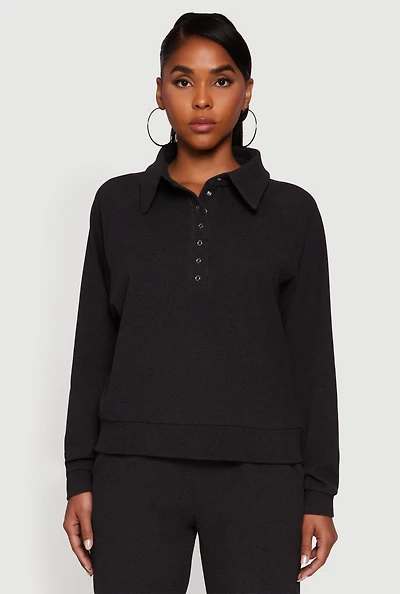 Womens Brushed Rib Knit Long Sleeve Collared Sweatshirt, Grey,