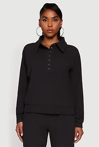 Womens Brushed Rib Knit Long Sleeve Collared Sweatshirt, Grey,