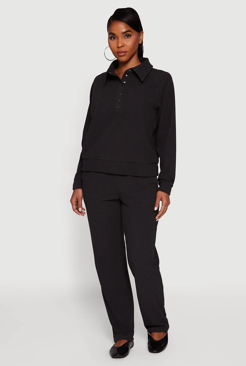 Womens Brushed Rib Knit Long Sleeve Collared Sweatshirt, Grey,