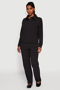 Womens Brushed Rib Knit Long Sleeve Collared Sweatshirt, Grey,