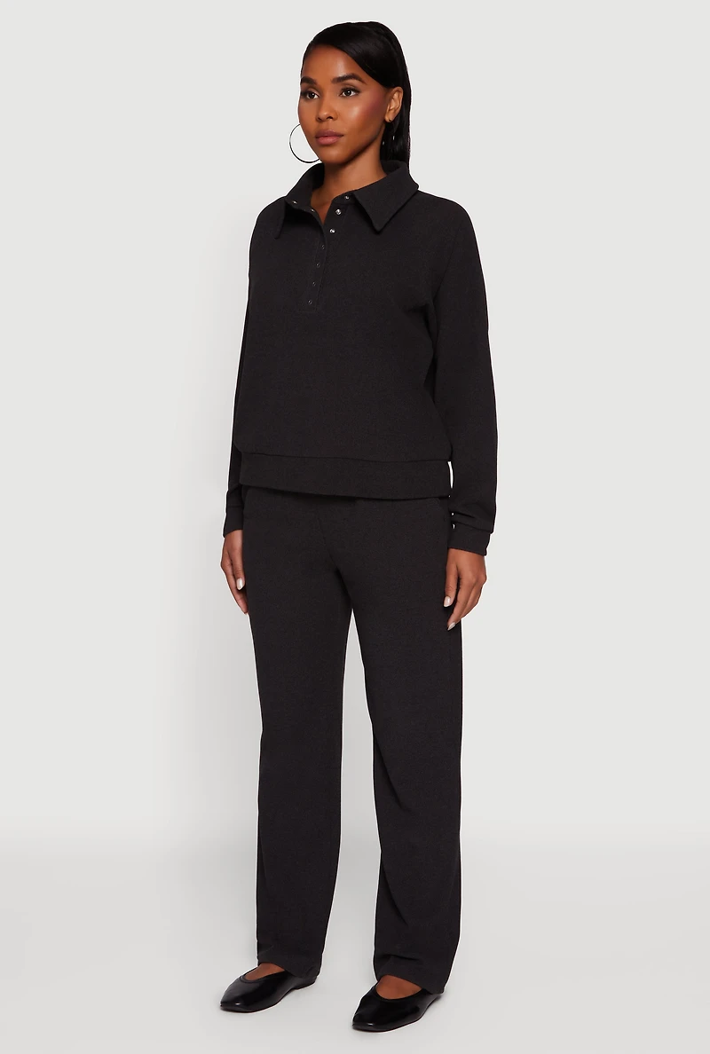 Womens Brushed Rib Knit Long Sleeve Collared Sweatshirt, Grey,