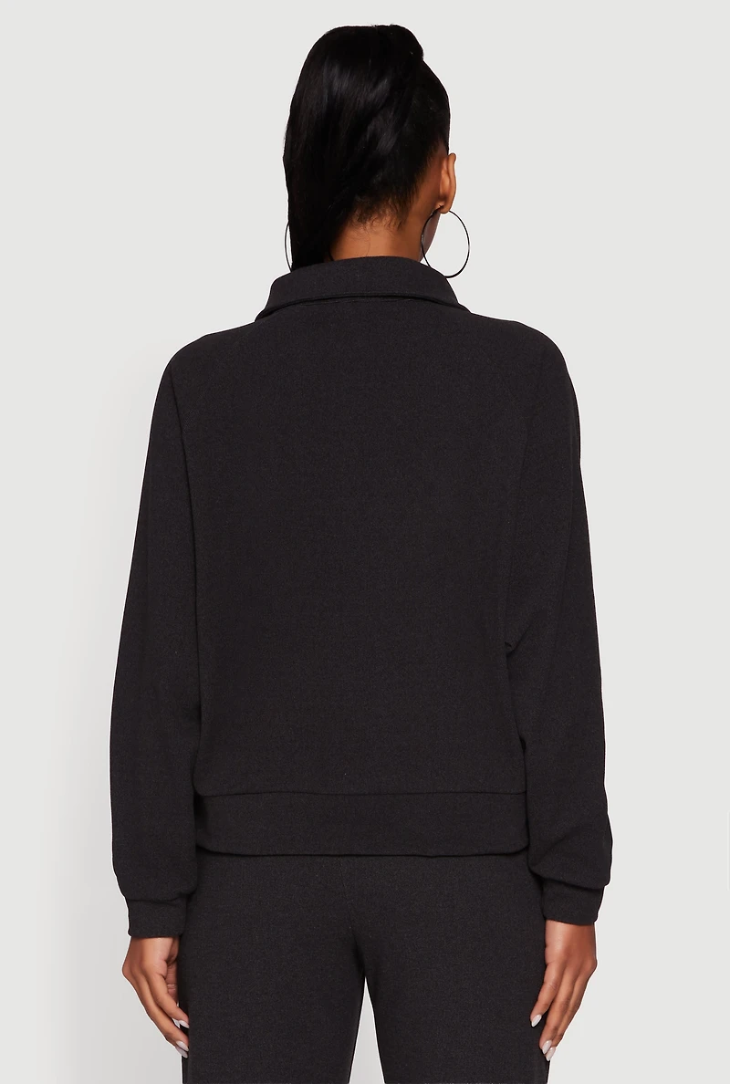 Womens Brushed Rib Knit Long Sleeve Collared Sweatshirt, Grey,