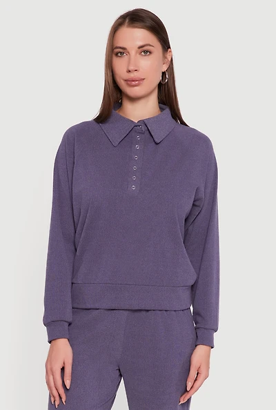 Womens Brushed Rib Knit Long Sleeve Collared Sweatshirt,