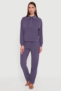 Womens Brushed Rib Knit Long Sleeve Collared Sweatshirt,