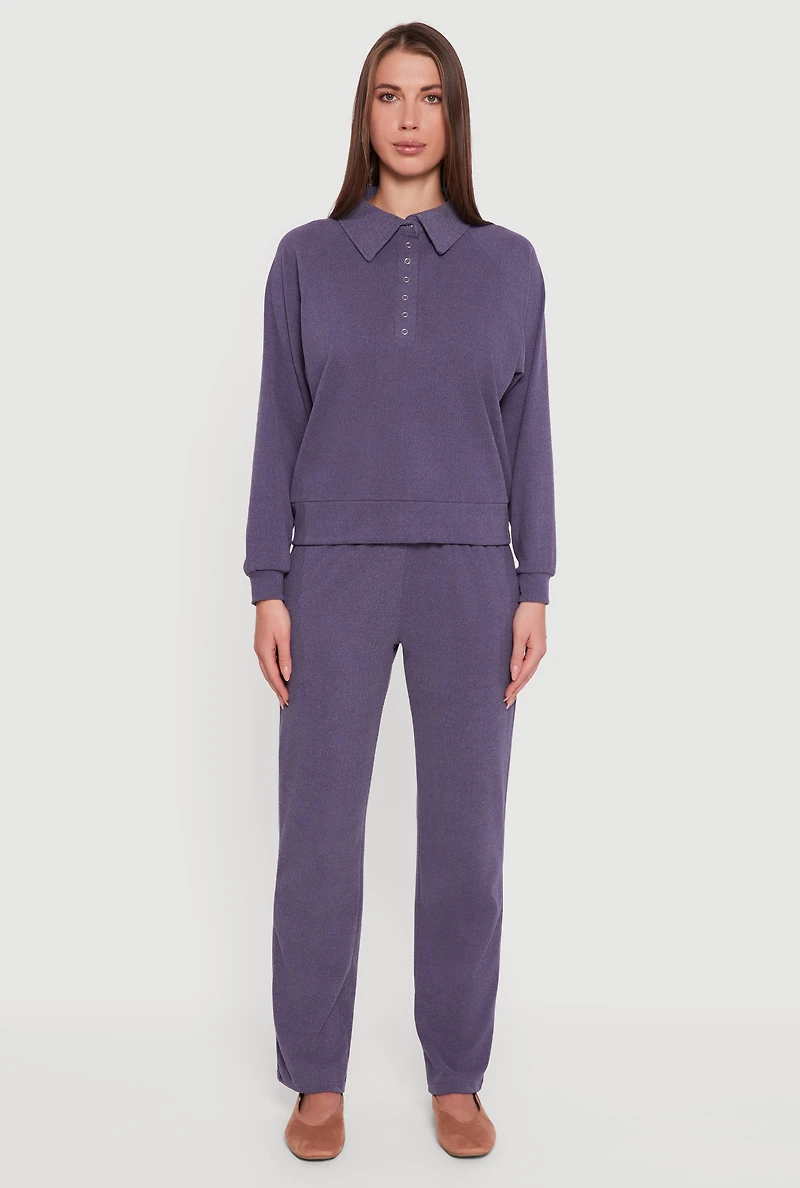 Womens Brushed Rib Knit Long Sleeve Collared Sweatshirt,