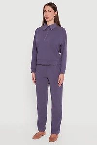 Womens Brushed Rib Knit Long Sleeve Collared Sweatshirt,