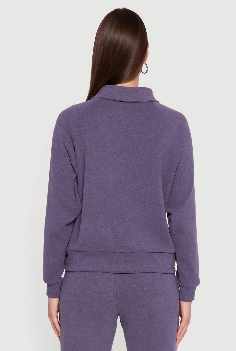 Womens Brushed Rib Knit Long Sleeve Collared Sweatshirt,