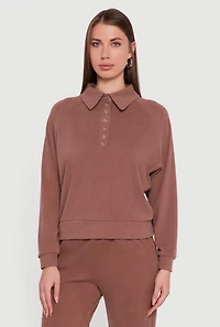Womens Brushed Rib Knit Long Sleeve Collared Sweatshirt, Brown,