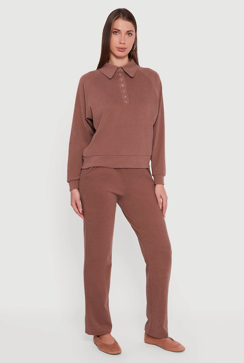 Womens Brushed Rib Knit Long Sleeve Collared Sweatshirt, Brown,