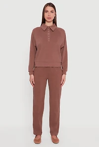 Womens Brushed Rib Knit Long Sleeve Collared Sweatshirt, Brown,