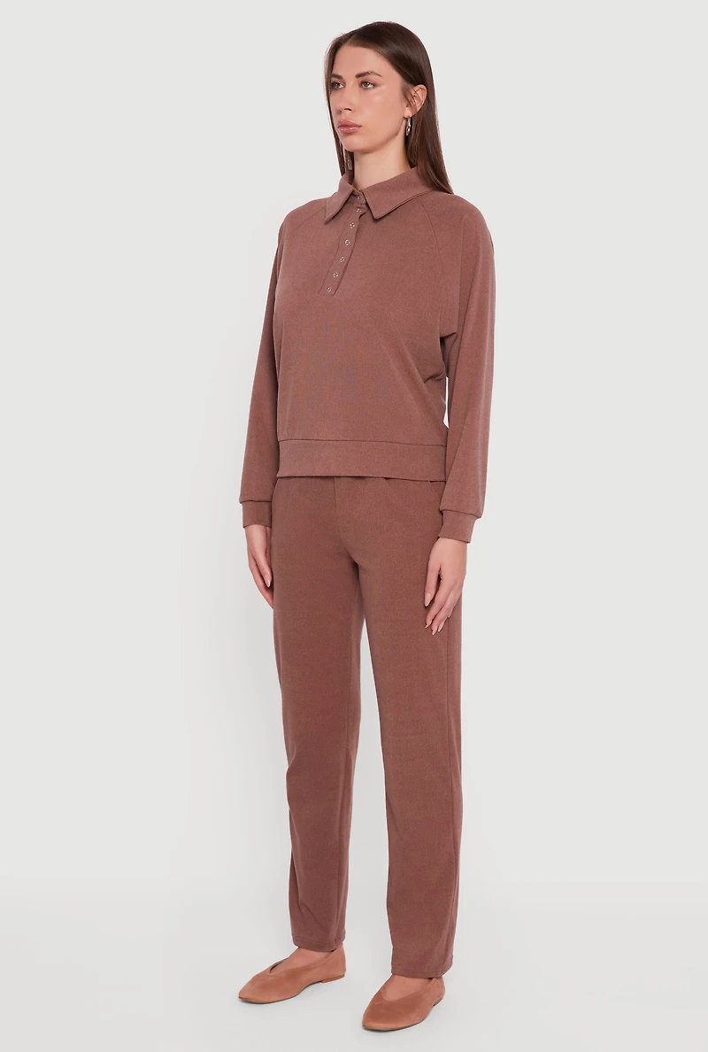 Womens Brushed Rib Knit Long Sleeve Collared Sweatshirt, Brown,