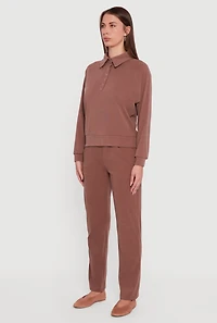 Womens Brushed Rib Knit Long Sleeve Collared Sweatshirt, Brown,