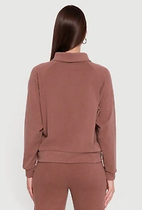 Womens Brushed Rib Knit Long Sleeve Collared Sweatshirt, Brown, Size XL