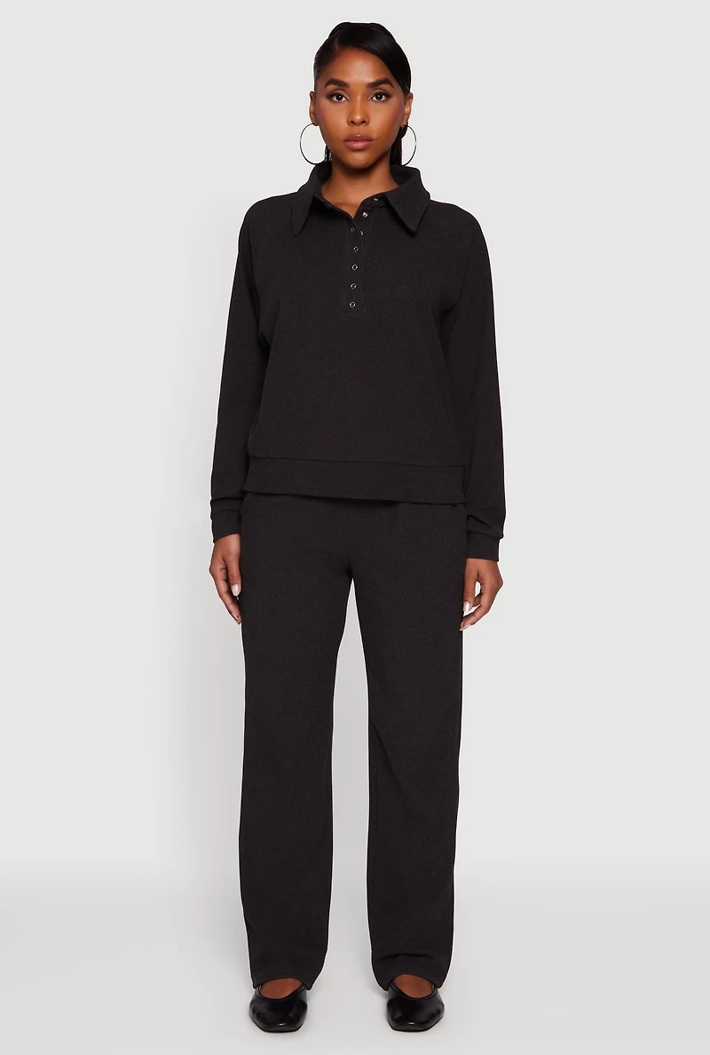 Brushed Rib Knit Drawstring Waist Straight Leg Sweatpants