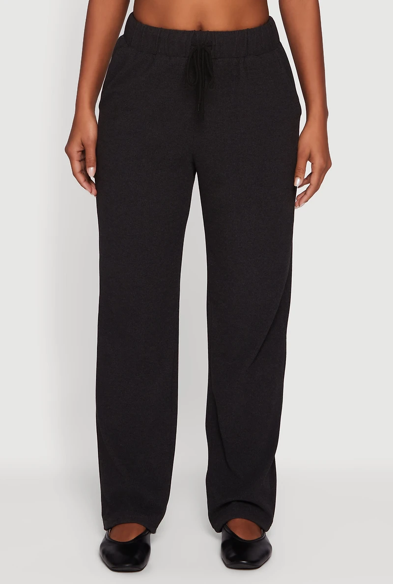 Womens Brushed Rib Knit Drawstring Waist Straight Leg Sweatpants, Grey, Size L