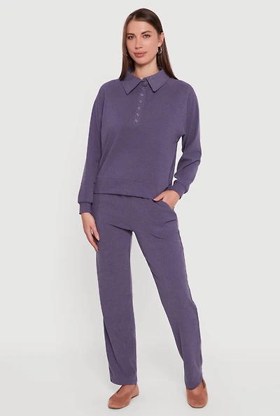 Womens Brushed Rib Knit Drawstring Waist Straight Leg Sweatpants,