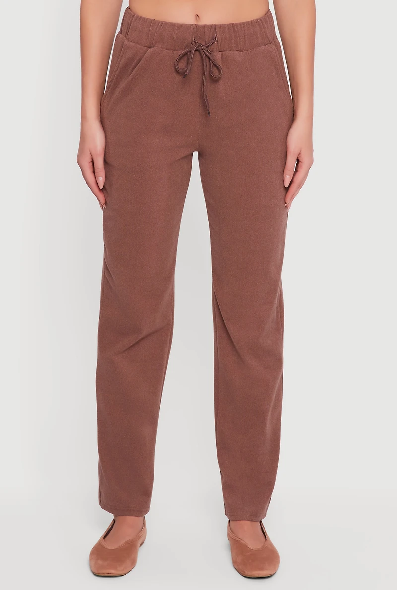 Womens Brushed Rib Knit Drawstring Waist Straight Leg Sweatpants, Brown, Size S