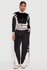 Womens Velour High Waisted Striped Detail Wide Leg Pants, Black, Size S