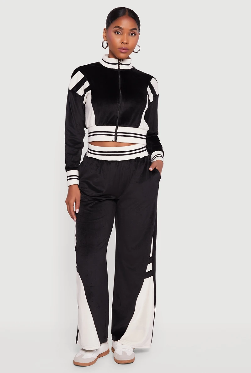 Womens Velour High Waisted Striped Detail Wide Leg Pants, L