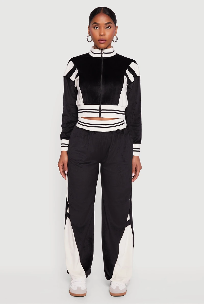 Womens Velour High Waisted Striped Detail Wide Leg Pants,