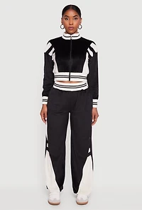 Womens Velour High Waisted Striped Detail Wide Leg Pants,