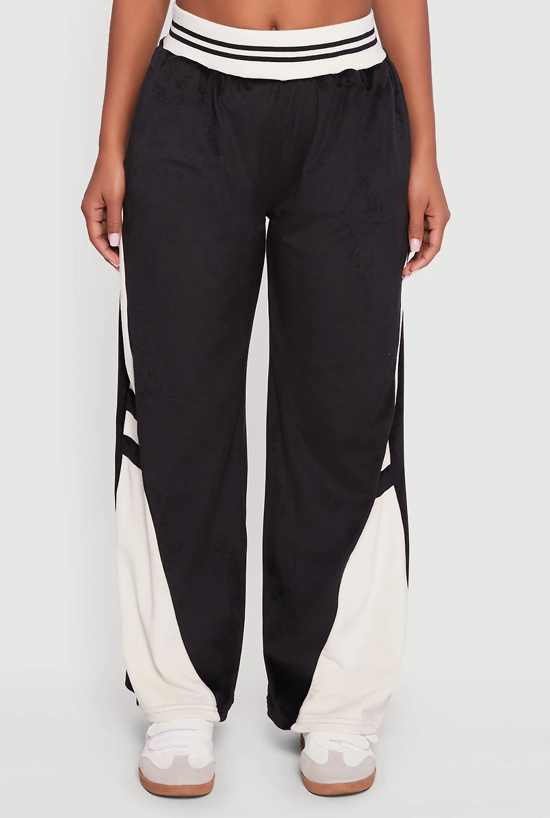Womens Velour High Waisted Striped Detail Wide Leg Pants, Black, Size S