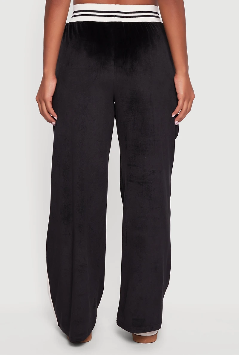 Womens Velour High Waisted Striped Detail Wide Leg Pants, Black, Size S