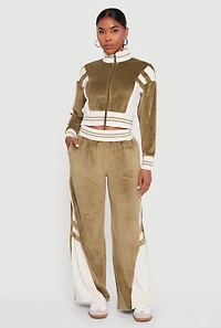 Velour High Waisted Striped Detail Wide Leg Pants
