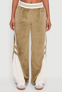Womens Velour High Waisted Striped Detail Wide Leg Pants, Green, Size XL