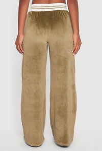 Womens Velour High Waisted Striped Detail Wide Leg Pants, Green,