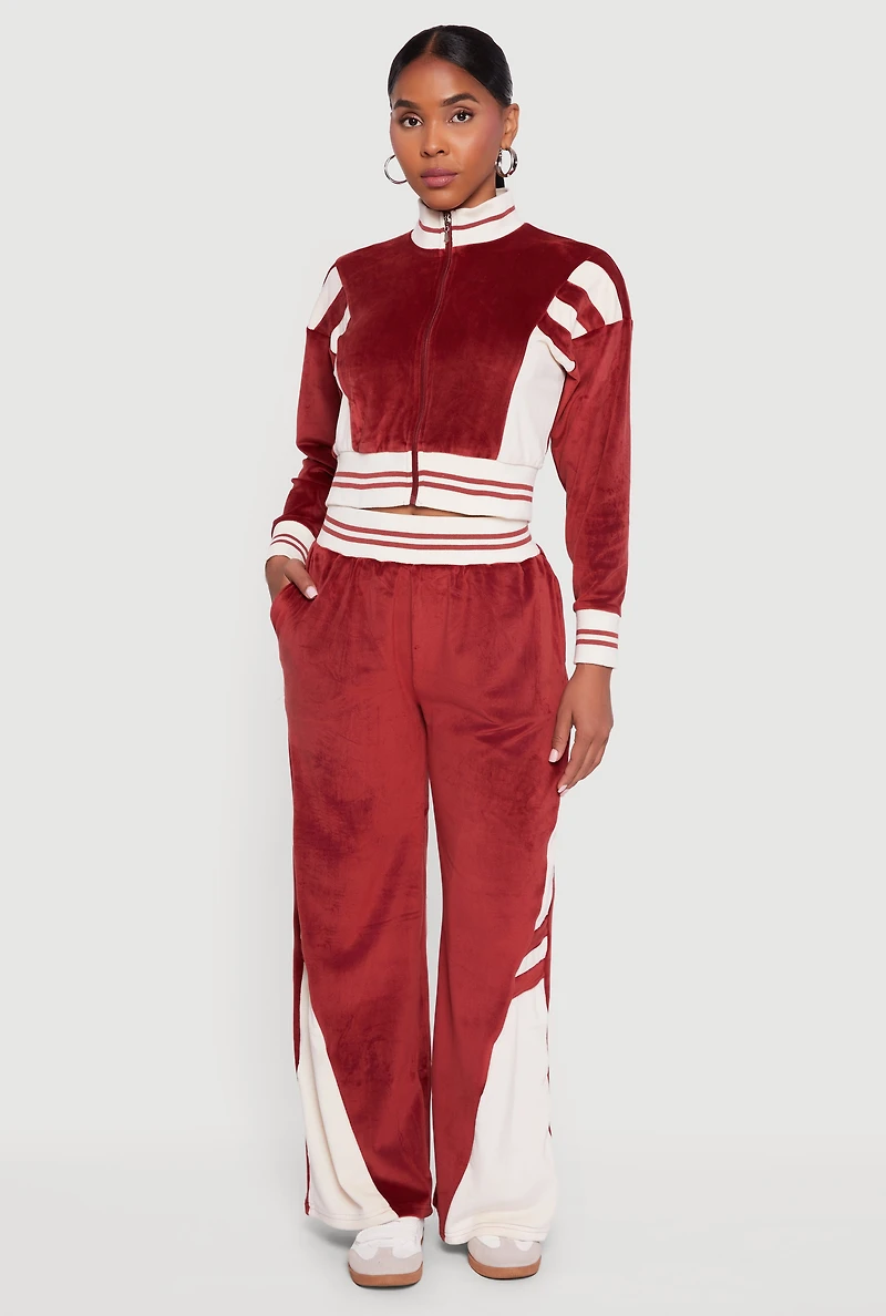 Womens Velour High Waisted Striped Detail Wide Leg Pants, Burgundy, Size L
