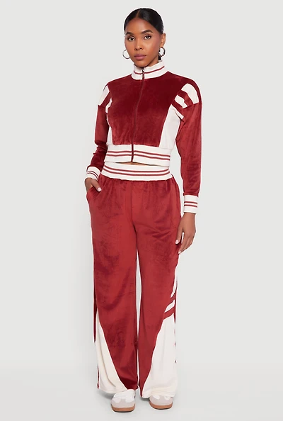 Womens Velour High Waisted Striped Detail Wide Leg Pants, Burgundy, Size L